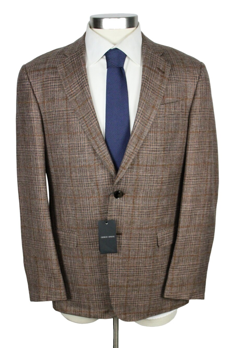 $2995 Giorgio Armani Soft Blazer 40 R Wool Silk Linen Brown Plaid Sport Coat
